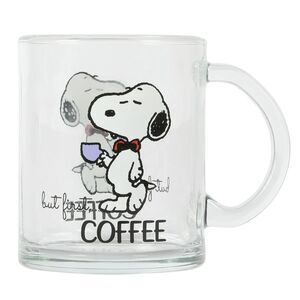 Peanuts Snoopy But First Coffee Clear Glass Mug 16.2 oz Large Cup Gift NEW